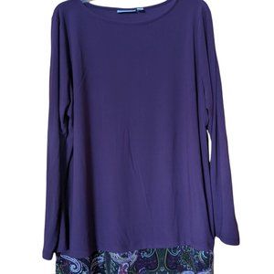 Susan Graver Textured Liquid Knit Tunic with Printed Trim - Purple/Green Size XL